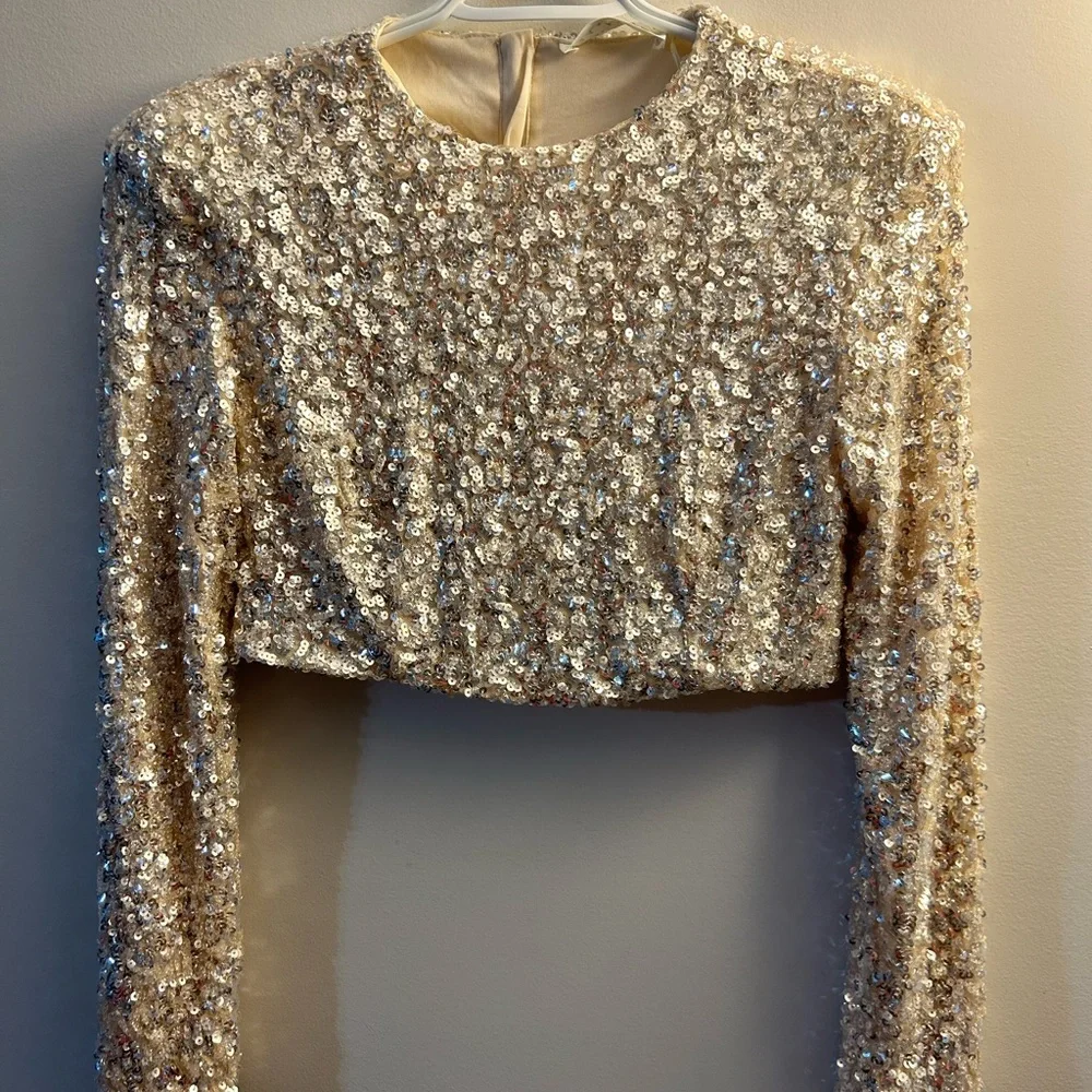 NWT American Threads Sequin Crop Top Women small long sleeve beige sparkle shirt - Picture 1 of 8